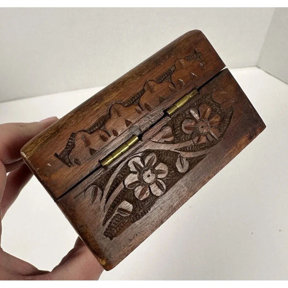 Carved Wood Trinket Jewelry Box Square Inlay Floral Made in India 4